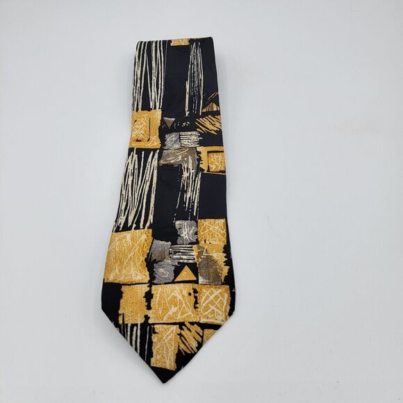 Mens Necktie Villa Bugatti multicolor geometric 100% silk, Black Gold 57 By 4In - Picture 2 of 7